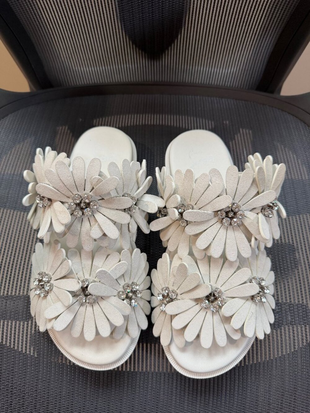 Christian Louboutin Flora Cool Crystal Daisy Slide Sandals White IT 37